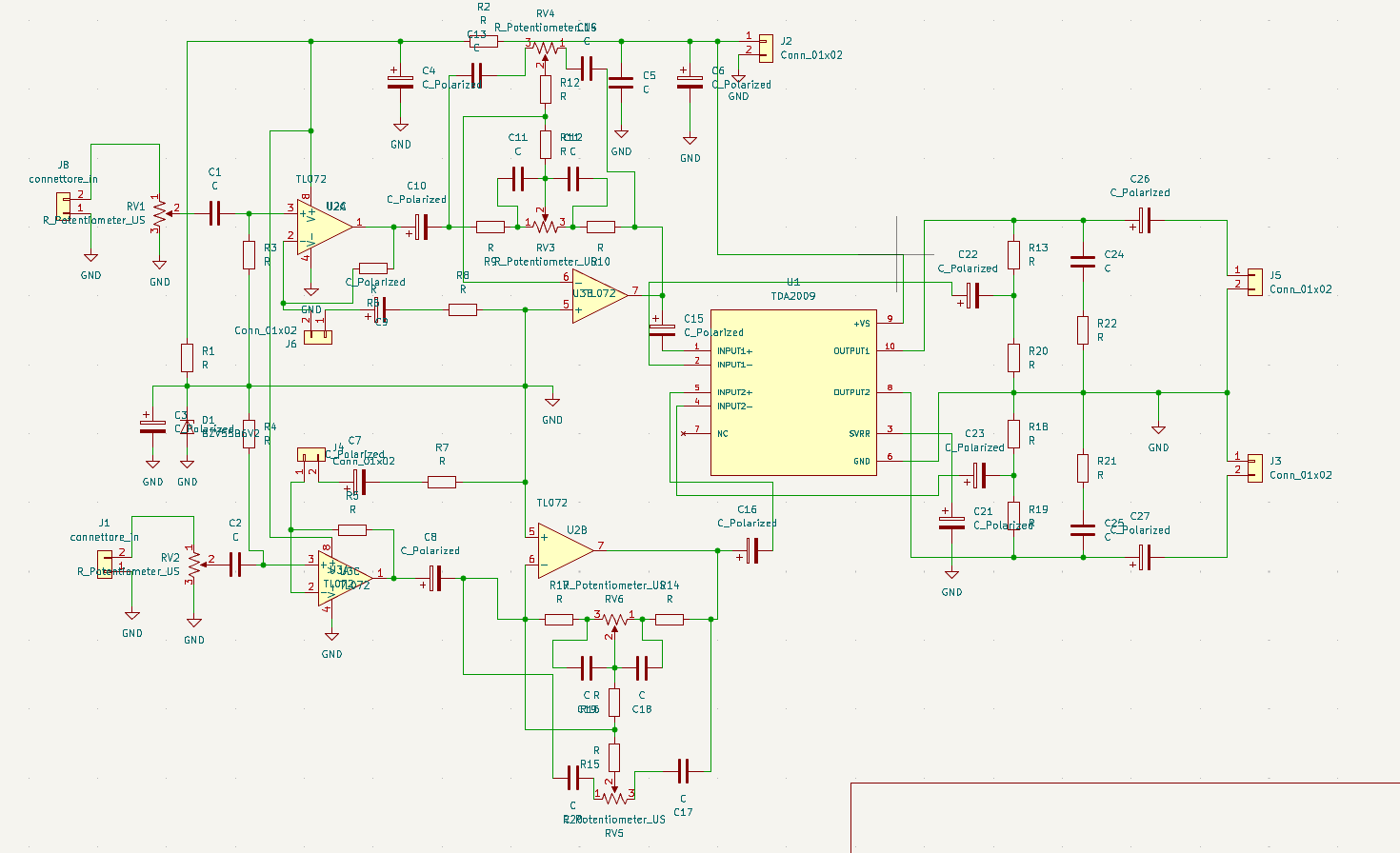 Schema elettrico del circuito diviso in tre parti